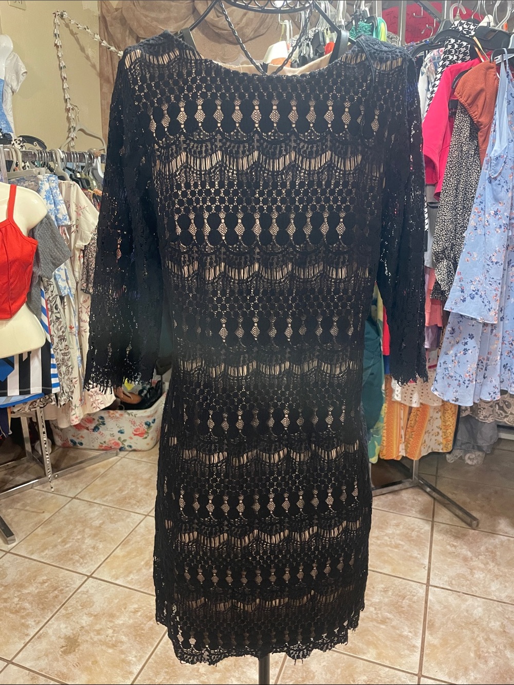 Ronni Nicole Black Crochet Lace Midi Dress